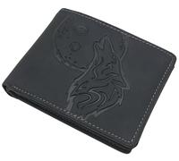 MyLederShop Portefeuille en cuir de buffle véritable En format portrait ou paysage Avec motif loup, protection RFID et NFC, Modèle 2, paysage, noir, taille unique, moderne