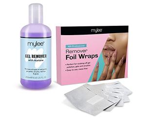 Mylee Kit de Dissolvant Gel Remover 250ml Vernis à Ongles Semi Permanent + 100 Lingettes en Coton Non Pelucheuses Pré-fixées sur Feuilles d'Aluminium, Dissolvant 100% Acétone Pure Vernis Gel UV & LED