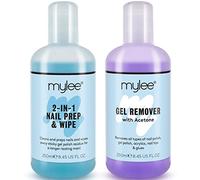 Mylee Prép et nettoyant + Dissolvant qualité salon, Manucure et pédicure avec systèmes UV LED, Dissolvant professionnel à l’acétone pour tout type d’ongles, Double usage pour nettoyer l’ongle et enlever la couche adhésive 2x250ml