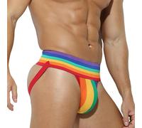 Mymyguoe Arc-en-ciel LGBTQ Jockstrap - Sous-vêtement de sport pour homme - Arc-en-ciel - Rayé - String - Respirant - Sous-vêtements de sport - Suspensorium Jock Strap - Slips Rainbow Gay Pride