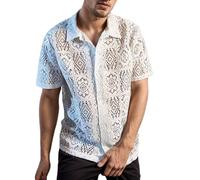 Mymyguoe Chemise à manches longues pour homme - Chemise transparente - Noir - Chemise décontractée en dentelle - Chemise sexy en dentelle - Chemise en maille filet cintrée, Q1 blanc, M