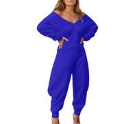 Mymyguoe Combinaison pour femme - Confortable - Manches longues - Col en V - Combinaison de maison - Ensemble pyjama ample - Chemise de nuit décontractée - Combinaison de loisirs - Combinaison légère