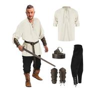 Mymyguoe Costume Médiéval Pour Homme - Lot de 5 Chemises à Lacets - Renaissance Viking - Vintage - Pirate Steampunk - Avec Accessoires, Pantalon Viking, Attelles