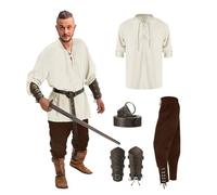 Mymyguoe Costume Médiéval pour Homme - Lot de 5 Chemises à Lacets - Renaissance Viking - Vintage - Pirate Steampunk - Avec Accessoires, Pantalon Viking, Attelles