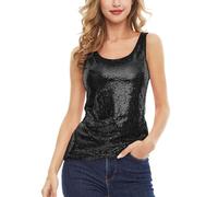 Mymyguoe Débardeur à paillettes pour femme - Métallique brillant - Pour fête discothèque - Sans manches - Col en V - Dos en U - Split - Tunique - Col rond - Paillettes, Noir , S