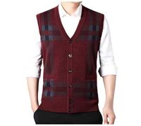 Mymyguoe Gilets épais pour hommes Gilet en tricot boutonné Pull en tricot sans manches Pull chaud à carreaux Débardeurs en tricot à boutons Cardigan Automne Hiver Gilet d'affaires, 01 rouge., XXL