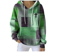 Mymyguoe Sweat à capuche pour femme avec blocs de couleurs Jésus chrétiens à carreaux foi croix sweat à capuche grande taille motif imprimé pull d'hiver Y2K pull court, vert, 4XL