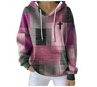 Mymyguoe Sweat à capuche pour femme avec blocs de couleurs Jésus chrétiens à carreaux foi croix sweat à capuche grande taille motif imprimé pull d'hiver Y2K pull court, Rose, 4XL