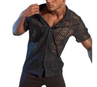 Mymyguoe T-shirt en maille transparente pour homme - Patchwork - Manches courtes - Lingerie sexy - Effet mouillé - Vêtement érotique - Tenue esclave - Maillot de corps noir extensible - Haut en maille