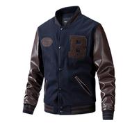 Mymyguoe Veste de baseball pour homme en cuir Oldschool - Manches mi-saison - Bicolore - Hiver - Veste collège - En cuir synthétique - Veste de pilote vintage rétro - Veste bomber brodée, bleu, XL