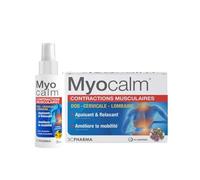 MYOCALM CONTRACTIONS SPRAY ET COMPRIME | Solution pour Contractions Musculaires au Dos, Lombaires, et Cervicales | Prévention et Soulagement Efficaces| Flacon de 100ml et boîte de 30 caps | 3CPHARMA