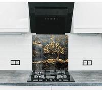 Myphotostation Dosseret de cuisine en verre trempé noir et doré pour cuisine, protection murale de cuisinière, planche à découper, panneau mural de cuisinière, couverture arrière de cuisinière 91,4 x