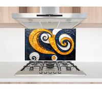 Myphotostation Dosseret en verre trempé abstrait en spirale dorée de 122 x 61 cm pour cuisine, protection murale de cuisinière, planche à découper, panneau mural de cuisinière, couverture arrière de