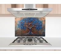 Myphotostation Dosseret en verre trempé Midnight Roots Blue Tree of Life - Crédence en verre trempé pour protection murale de poêle, planche à découper, panneau mural de cuisinière, couverture arrière