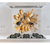 Myphotostation - Dosseret en verre trempé pour cuisinière - 50,8 x 35,6 cm - Motif abstrait doré Chaos - Protection murale - Plaque arrière de cuisinière