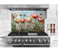 Myphotostation - Dosseret en verre trempé teinté tulipe et abeille - Protection murale pour cuisine, cuisinière, planche à découper, panneau mural de cuisinière, couverture arrière de cuisinière - 90