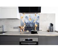 Myphotostation Dosseret hexagonal en verre trempé pour décoration de cuisine, salle de bain, panneau de dosseret en verre trempé géométrique bleu doré, 71 x 45,7 cm