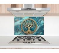 Myphotostation Mystic Origins - Dosseret en verre trempé motif arbre de vie turquoise pour protection murale de poêle, planche à découper, panneau mural de cuisinière, couverture arrière de cuisinière