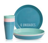 Mypicompany. Vaisselle Camping 12 Pièces les Tons Pastel. 6 Assiette Plastique Reutilisable+ 6 Gobelet Plastique Reutilisable Adaptée Au Lave-vaisselle.