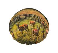 MyPiky Bonnet de douche à imprimé ferme avec cerf, élastique et réutilisable pour cheveux longs, grand bonnet de douche imperméable, pour femmes, hommes, enfants