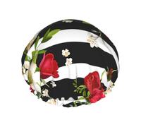 MyPiky Bonnet de douche imprimé rose rouge rayé noir et blanc, bonnet de douche élastique et réutilisable pour cheveux longs, grand bonnet de douche imperméable, pour femmes