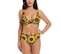 MyPiky Magnifique bikini triangle imprimé tournesols pour femmes, maillot de bain respirant, plage, piscine, détente vacances, Noir/blanc, XXL