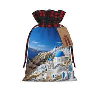 MyPiky Santorini Sac cadeau de Noël avec cordon de serrage Motif île grecque avec vue sur la mer