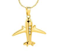MYPOWER Collier pour Cendres de crémation, Pendentif Avion en Acier Inoxydable incrusté de Cristal, Bijou urne commémorative pour Un être Cher, Souvenir de Pilote - Or