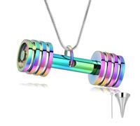 MYPOWER Collier urne funéraire en Acier Inoxydable avec Pendentif haltère pour Cendres d'animaux/Humains, Style Sportif, Souvenir commémoratif pour Femme - Arc-en-Ciel