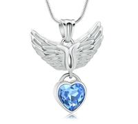 MYPOWER Collier urne funéraire en Forme d'aile d'ange, en Acier Inoxydable, orné d'un cœur incrusté de Cristal. Bijou Souvenir pour Femme - Argent et Bleu