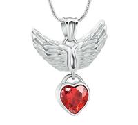 MYPOWER Collier urne funéraire en Forme d'aile d'ange, en Acier Inoxydable, orné d'un cœur incrusté de Cristal. Bijou Souvenir pour Femme - Argent et Rouge