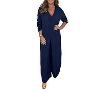 MYPOWR Casual Two Pieces Suit with Long Top & Matching Trouser,Split-Hem Long Shirt and Wide-Leg Pants Set (Dark Blue,5XL)