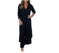 MYPOWR Casual Two Pieces Suit with Long Top & Matching Trouser,Split-Hem Long Shirt and Wide-Leg Pants Set (Black,5XL)