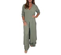 MYPOWR Casual Two Pieces Suit with Long Top & Matching Trouser,Split-Hem Long Shirt and Wide-Leg Pants Set (Green,5XL)