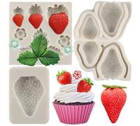 MYPRACS Lot de 4 mini moules en silicone en forme de fraise pour décoration de gâteaux, cupcakes, sucre, bonbons, argile polymère
