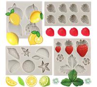 MYPRACS Lot De 4 Moules À Fondant Au Citron En Silicone Pour Fraises Fruits D'été Fleurs Bonbons Chocolat Tranches De Citron Moule En Résine Pour Décoration De Gâteaux Pâte À Gomme Argile Polymère