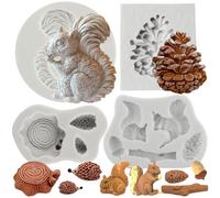 MYPRACS Lot de 4 moules en silicone avec animaux de la forêt, écureuils, pommes de pin, fondants, souche de hérisson, tronc d'arbre pour décorer des gâteaux, des cupcakes, du chocolat, de la pâte à