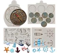 MYPRACS Lot de 4 moules en silicone en forme de bateau à voile, pièces de trésor, fondant, boussole, ancre, gouvernail, mouette, bateau à voile, crochet pour décoration de gâteau, pâte à sucre, pâte à