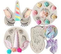 MYPRACS Lot De 4 Moules En Silicone En Forme De Licorne Avec Oreilles De Licorne Corne Fondant Fleur De Rose Bonbons Décoration De Gâteaux Cupcakes Chocolat Bonbons Pâte À Gomme