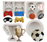 MYPRACS Lot de 4 moules en silicone en forme de manette de jeu, de basket-ball, de baseball, de rugby, pour fondant, chocolat, décoration de gâteaux, cupcakes, bonbons, argile polymère