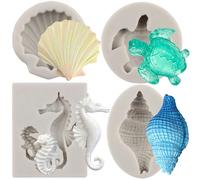 MYPRACS Lot de 4 moules en silicone en forme de tortue de mer, hippocampe, coquillages, conques, fondants, pour décoration de gâteaux, pâte à sucre, cupcakes, bonbons, chocolat, argile polymère