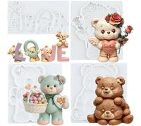 MYPRACS Lot de 4 moules en silicone en forme d'ours pour fondant et | Moule romantique en forme d'ours en peluche pour décoration de gâteau de mariage ou d'anniversaire en pâte à sucre