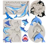 MYPRACS Lot de 4 moules en silicone pour fondant en forme de requin, baleine, dauphin, vagues de l'océan, queue de poisson, moule à chocolat pour décoration de gâteaux, bonbons, chocolat, pâte à