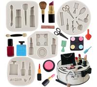 MYPRACS Lot de 4 moules en silicone sur le thème du maquillage, rouge à lèvres, parfum, talons, ciseaux, outils pour cheveux, fondant, moule pour décoration de gâteaux, cupcakes, bonbons, chocolat,