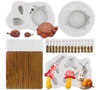 MYPRACS Lot de 5 moules en silicone pour jardin féerique enchanté, souche d'arbre, moules à fondant, clôture de jardin, moule à champignon d'escargot pour décoration de gâteau, cupcake, bonbons,