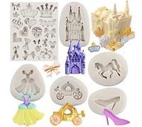 MYPRACS Lot de 6 moules en silicone Cendrillon Fondant Molud Contes de fées Château Citrouille Carrosse Robe Princesse Chaussures en Cristal Chocolat Bonbons Moule Nœud Couronne Moule pour Décoration