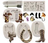 MYPRACS Lot De 6 Moules En Silicone En Forme De Fer à Cheval Pour Fondant Bottes De Cowboy Selle Plumes Flèches Décoration De Gâteaux Cupcakes Bonbons Chocolat Argile Polymère Pâte à Gomme
