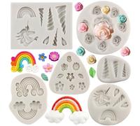 MYPRACS Lot De 6 Moules En Silicone Licorne Avec Oreilles De Licorne Fleurs Arc-En-Ciel Et Feuilles Moules À Fondant Pour Décoration De Gâteaux Cupcakes Bonbons Chocolat Pâte À Gomme Argile Polymère