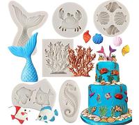 MYPRACS Lot de 6 moules en silicone pour fondant sur le thème marin, coquillage, conque, queue de sirène, hippocampe, crabe, corail, poisson, décoration de gâteaux, cupcakes, bonbons, pâte à sucre,