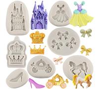 MYPRACS Lot de 7 moules en silicone pour fondant Cendrillon Château Citrouille Carrosse Robe Princesse Chaussures Noeud Couronne Chocolat Bonbons Moule en silicone pour décoration de gâteaux Cupcake